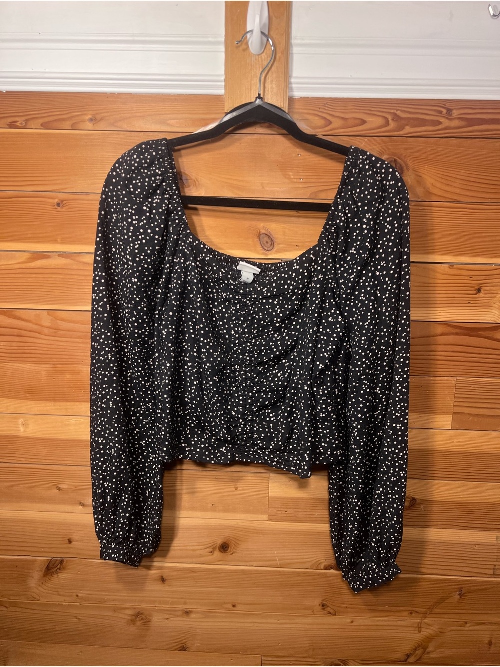 Black & White Polka Sweatheart-Neck Long Puff-Sleeve Crop Top